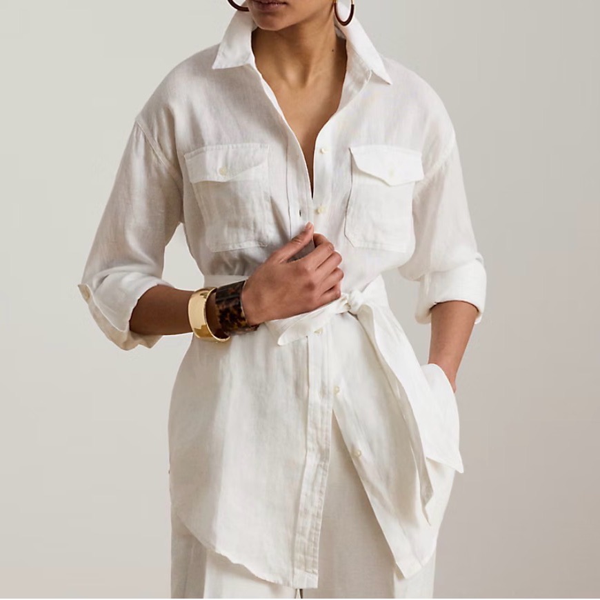 Lauren Ralph Lauren White Linen Button-Down Shirt With Self Tie